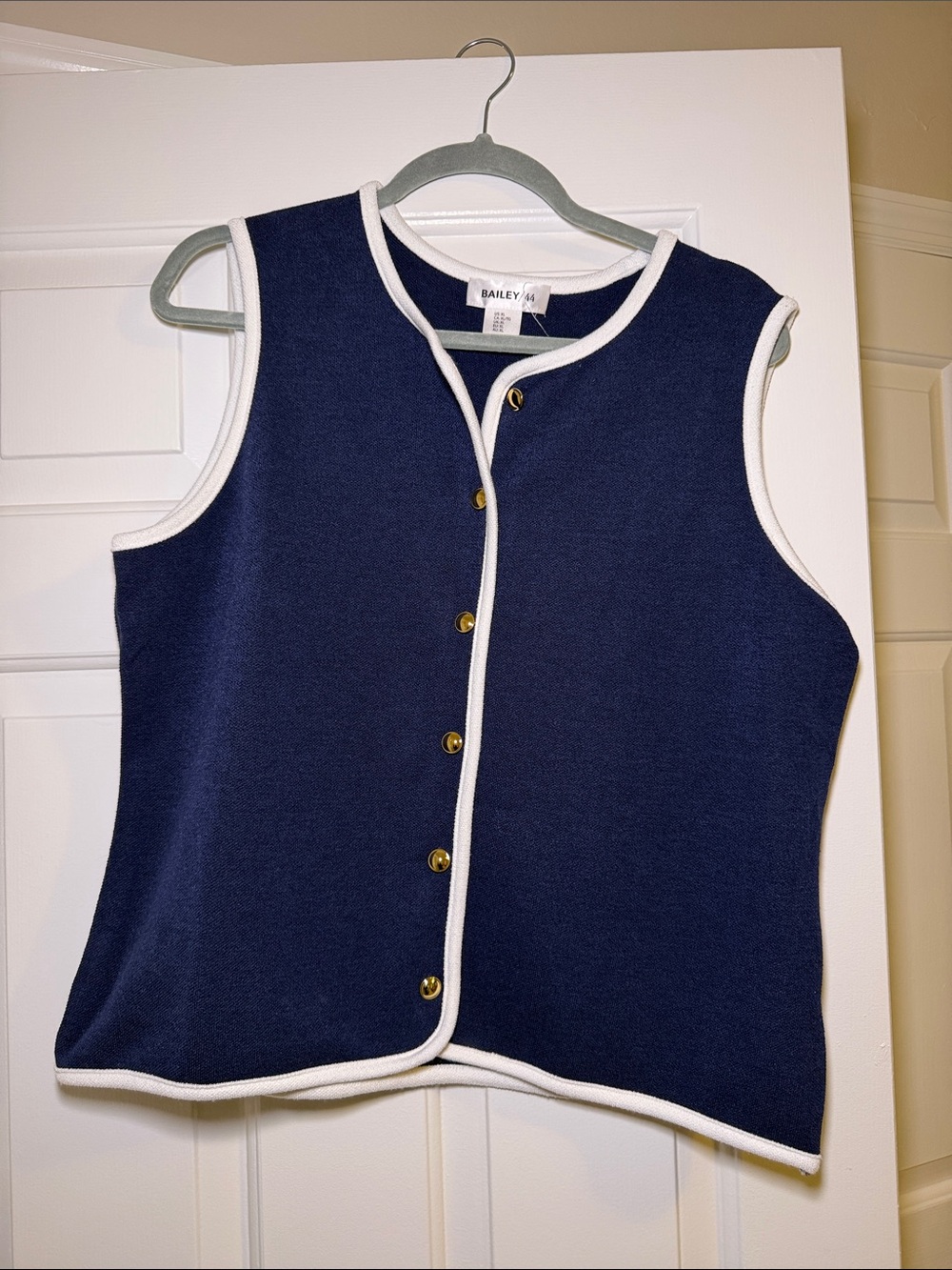 Bailey 44 Navy Vest with White Trim and Gold Buttons